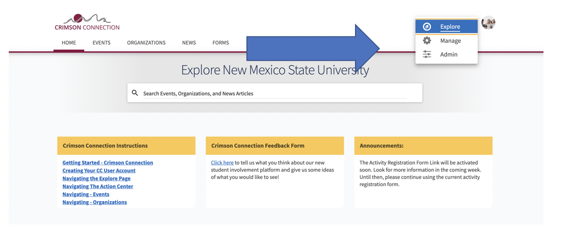 arrow pointing to manage tab on Crimson Connection Site